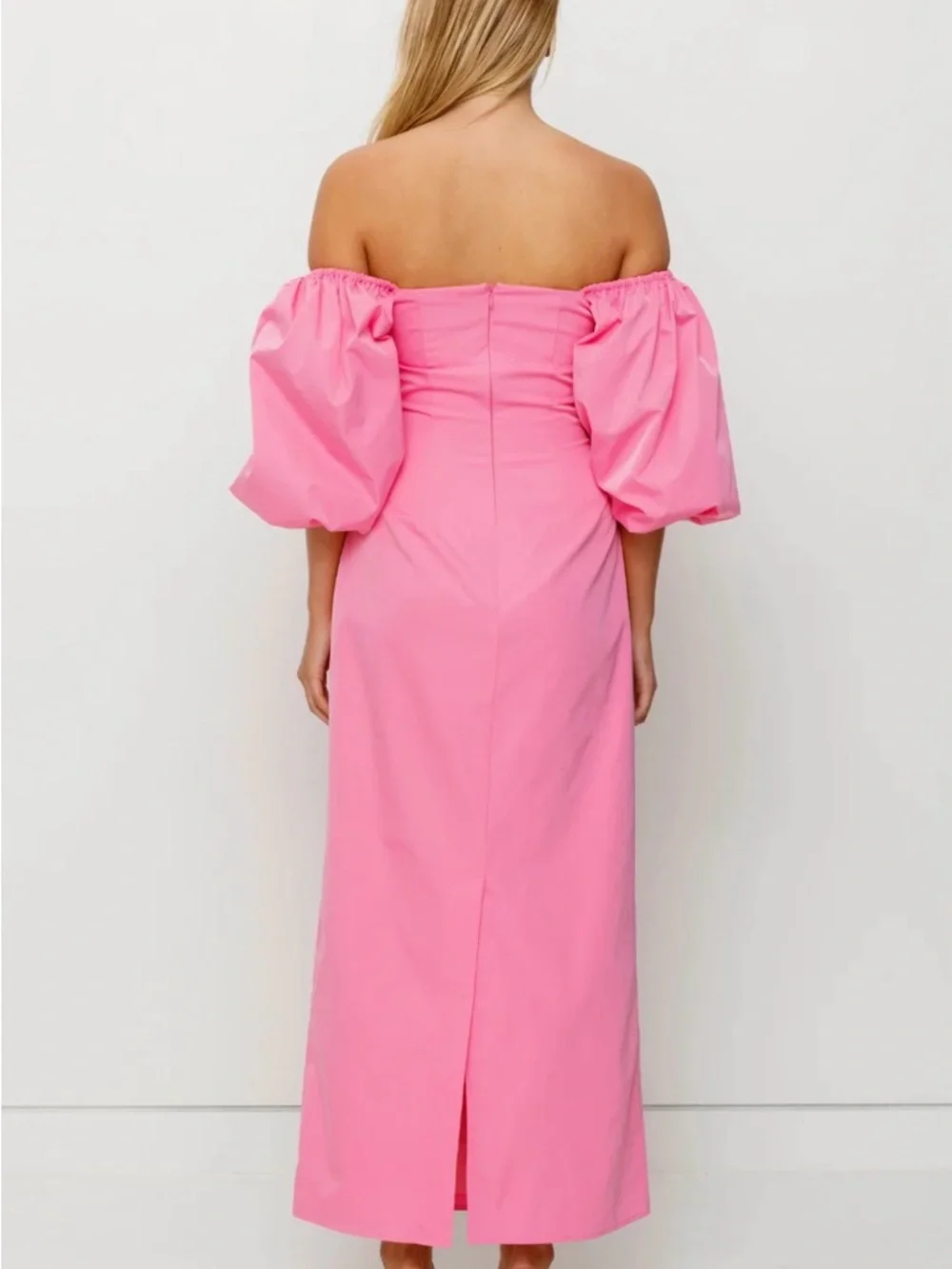 The Wolf Gang Amar Dress | Off-Shoulder Pink Puff-Sleeve Midi Dress with Bows - Picture 4 of 9